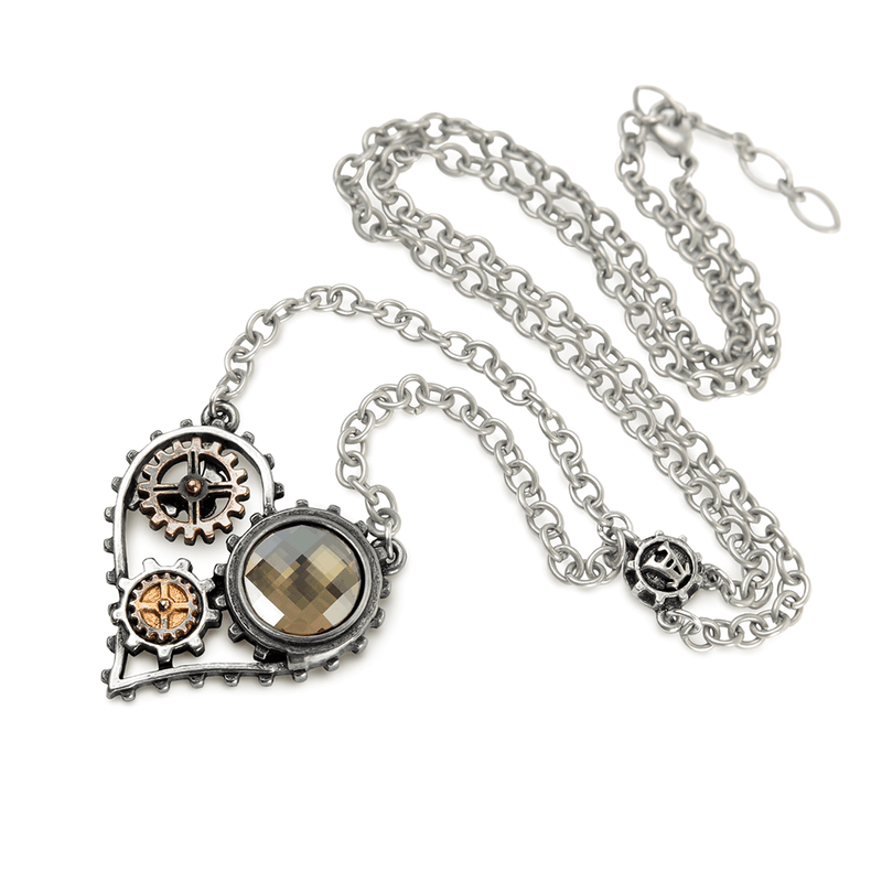 Steampunk Heart Pendant With Gears and Crystal Accent