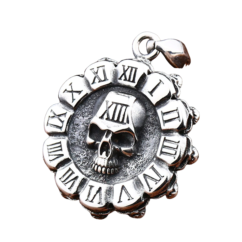 Steel Pendant of Round Cycle With Skull / Gothic Necklace / Alternative