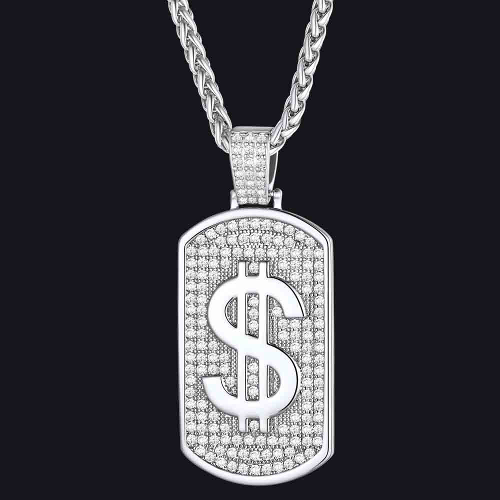 Dollar Cubic Zirconia Bling Dog Tag Necklace for