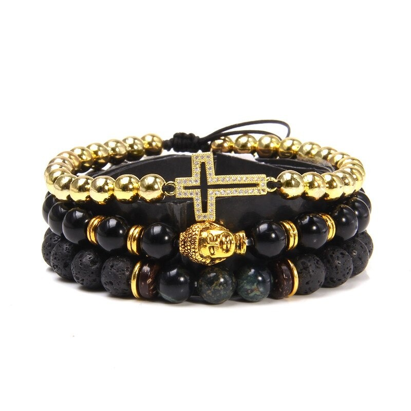 Style Set Multiple Charm Bracelet Natural Stone Beads / Braided Bracelet With a Cross