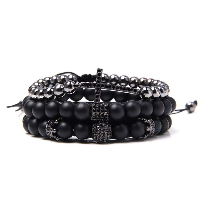 Style Set Multiple Charm Bracelet Natural Stone Beads / Braided Bracelet With a Cross With Crystals