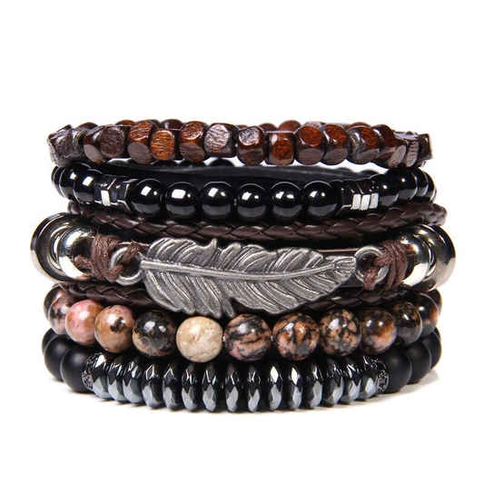 Style Set Multiple Charm Bracelet Natural Stone Beads / Braided Bracelet With a Feather Pendant