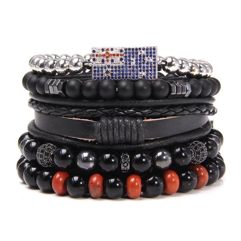 Style Set Multiple Charm Bracelet Natural Stone Beads / Braided Bracelet With Pendant of Flag