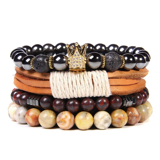 Style Set Multiple Charm Bracelet Natural Stone Beads / Leather Braided Bracelet #4