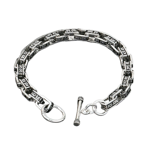 Stylish Bracelet of Carved Mantra Square Link Chain for / Jewelry S925 Sterling Silver