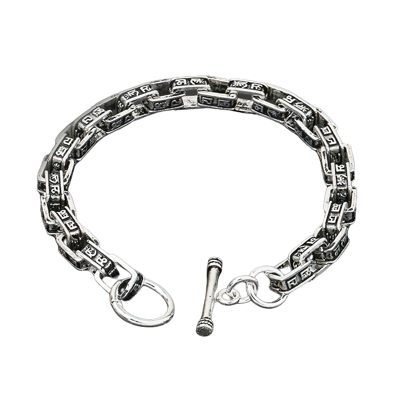 Stylish Bracelet of Carved Mantra Square Link Chain for / Jewelry S925 Sterling Silver