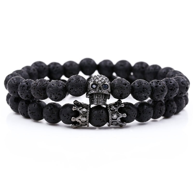 Stylish Bracelet With Skull Head and Crown / Jewelry With Natural Black Stones