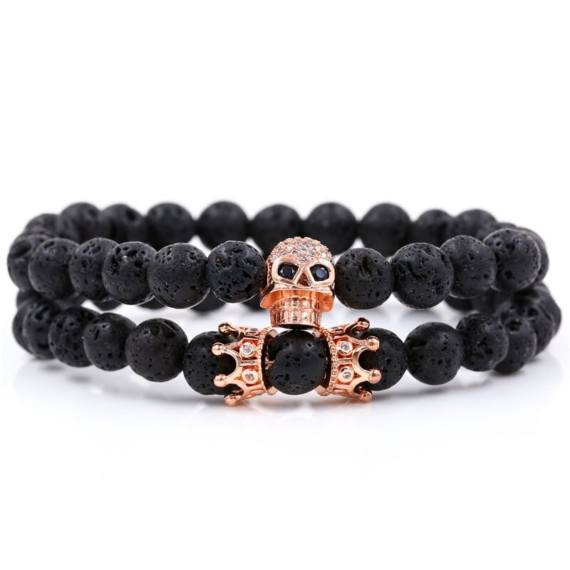 Stylish Bracelet With Skull Head and Crown / Jewelry With Natural Black Stones