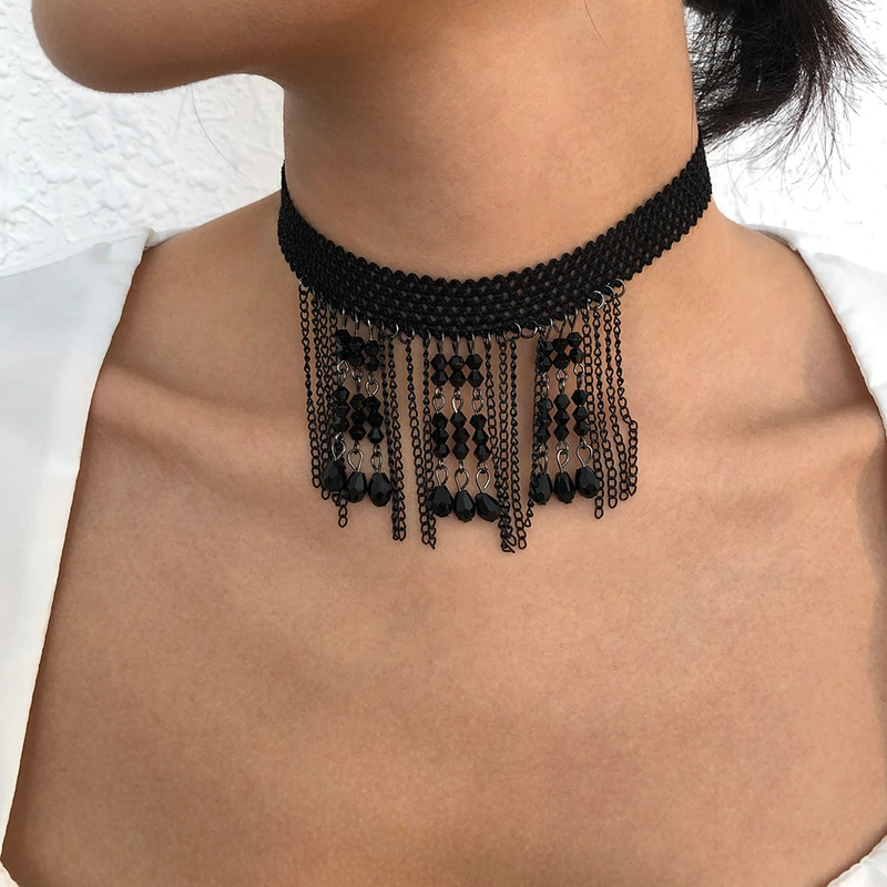 Stylish Hanging Rhinestone Necklace / Unique Design Black Choker Necklace