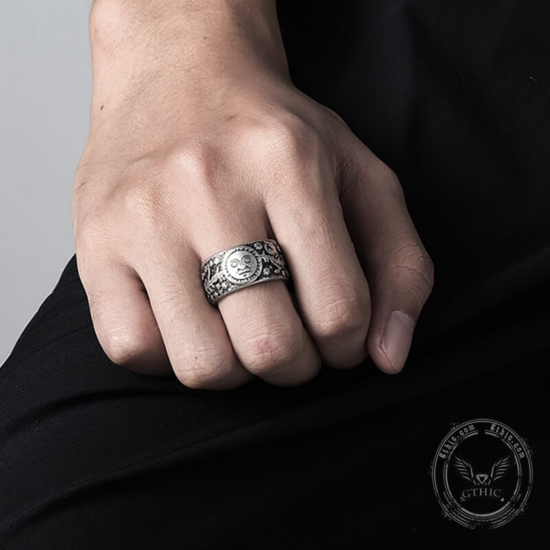 Sun Moon and Stars Stainless Steel Band Ring