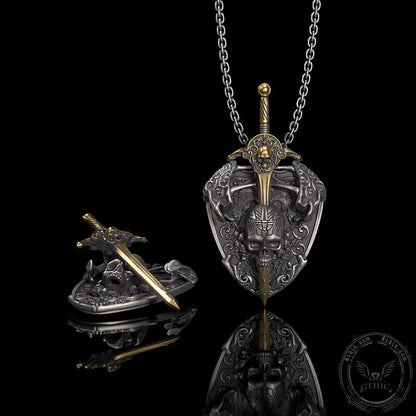 Sword and Shield Sterling Silver Skull Pendant