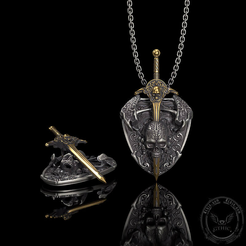 Sword and Shield Sterling Silver Skull Pendant