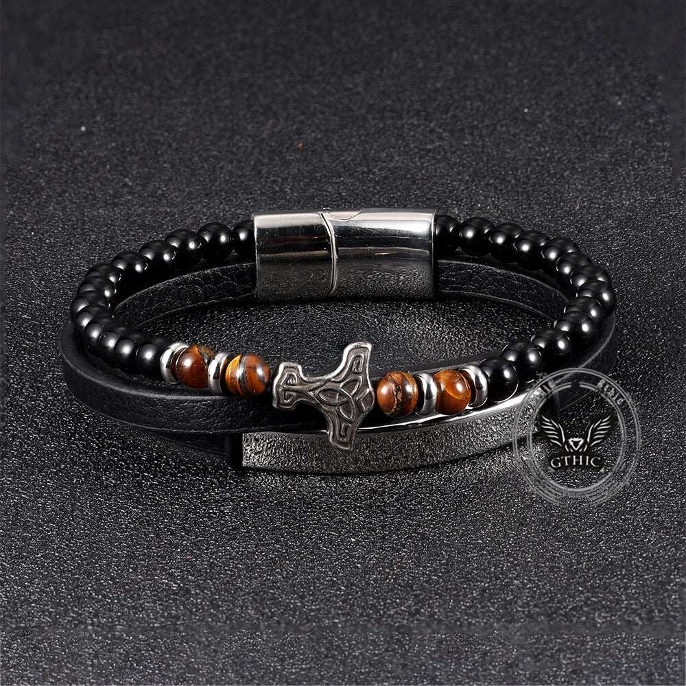 Thor's Hammer Agate Tiger Eye Stainless Steel Bracelet