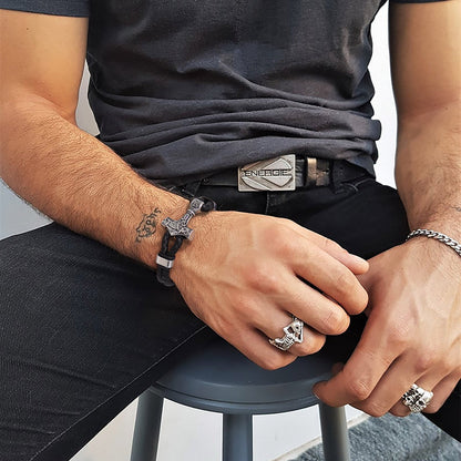 Viking Thor's Hammer Mjolnir Braided Leather Bracelet Gift for