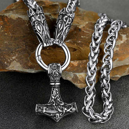 Viking Thor's Hammer Mjolnir Necklace for With Wolf Chain