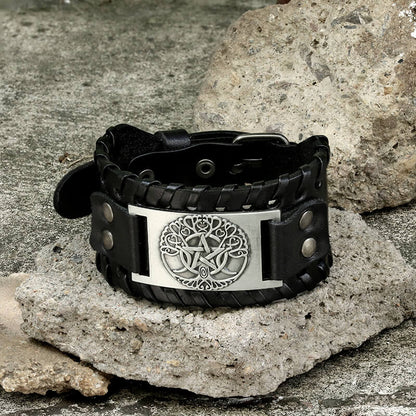 Triple Moon Tree of Life Leather Viking Bracelet