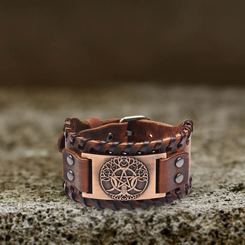 Triple Moon Tree of Life Leather Viking Bracelet