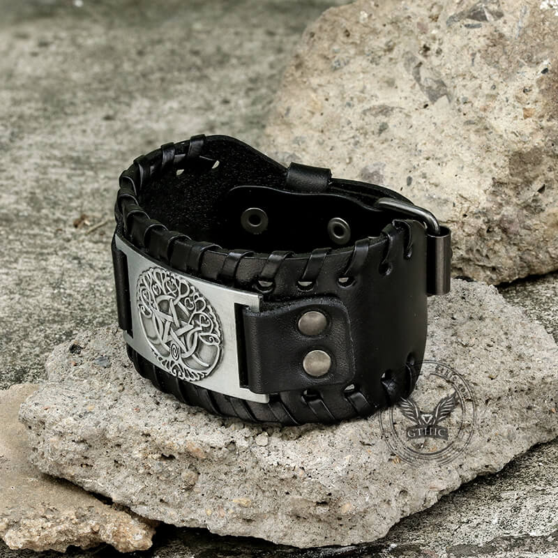 Triple Moon Tree of Life Leather Viking Bracelet