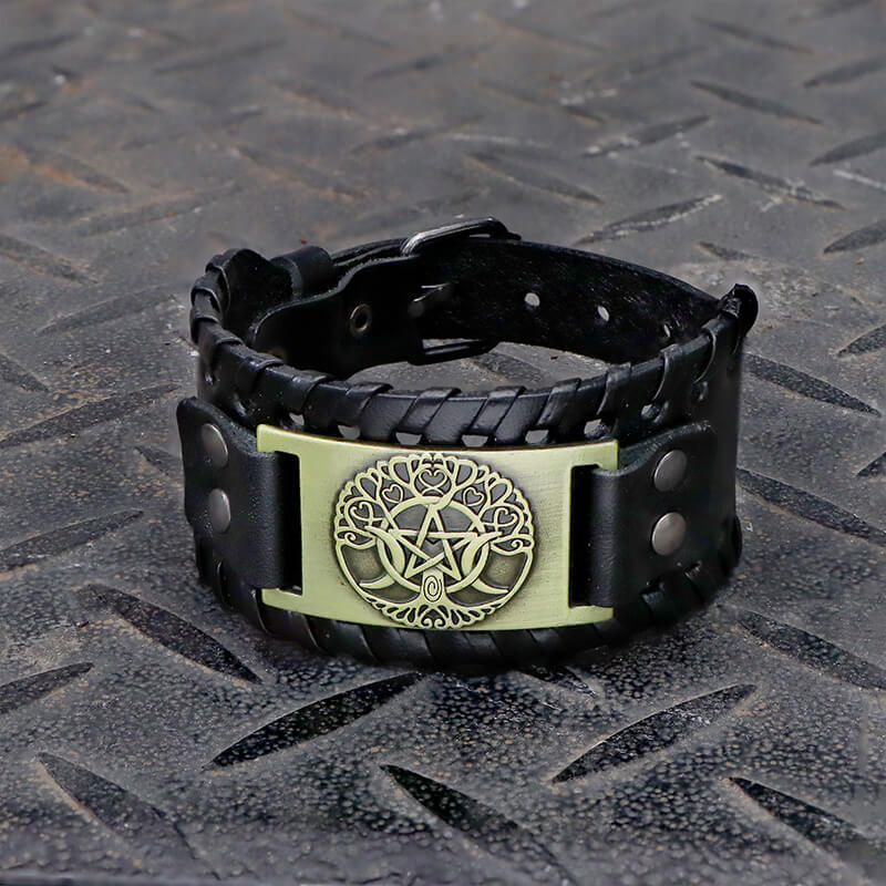 Triple Moon Tree of Life Leather Viking Bracelet