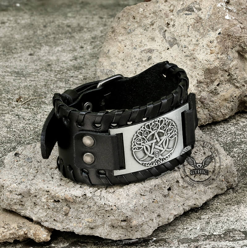 Triple Moon Tree of Life Leather Viking Bracelet