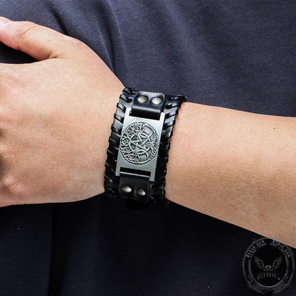 Triple Moon Tree of Life Leather Viking Bracelet