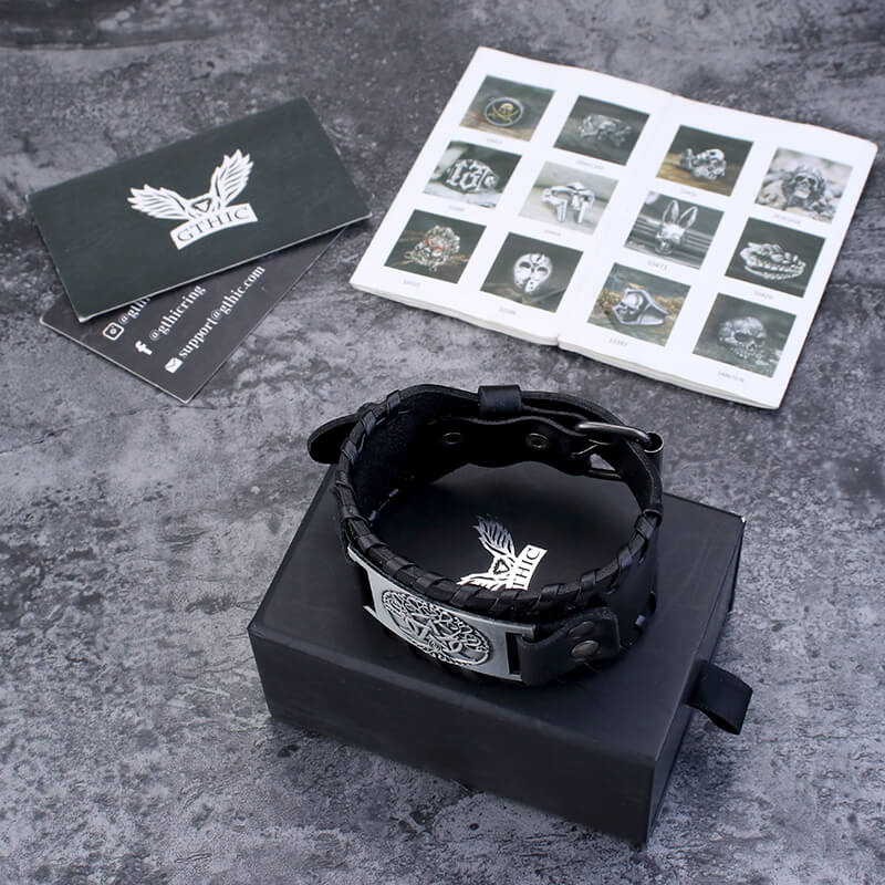 Triple Moon Tree of Life Leather Viking Bracelet