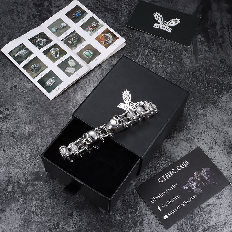 Two Skulls Stainless Steel Biker Bracelet