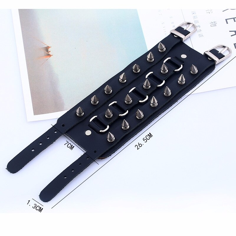 Unique Three Row Cuspidal Spikes Rivet Stud Wide Cuff / Gothic Leather Bracelet
