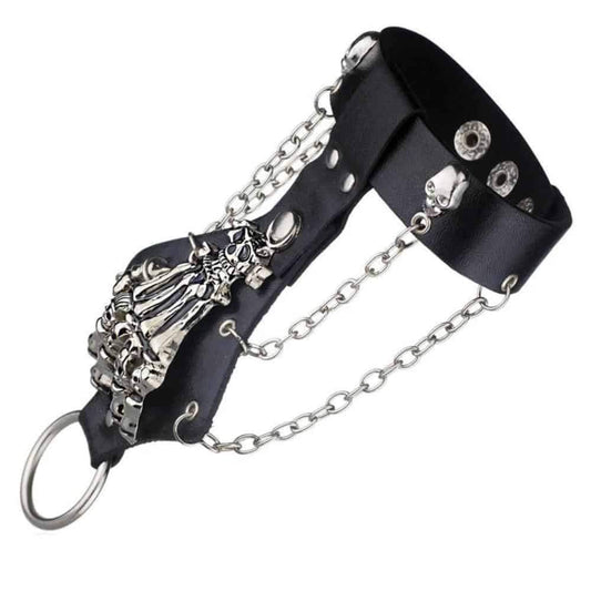 Cool Gothic Skeleton Hand Glove Chain Link Wristband Bangle Leather Bracelet