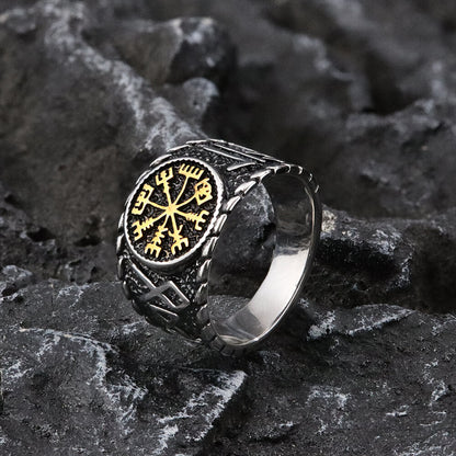 Vegvisir and Runes Stainless Steel Viking Ring