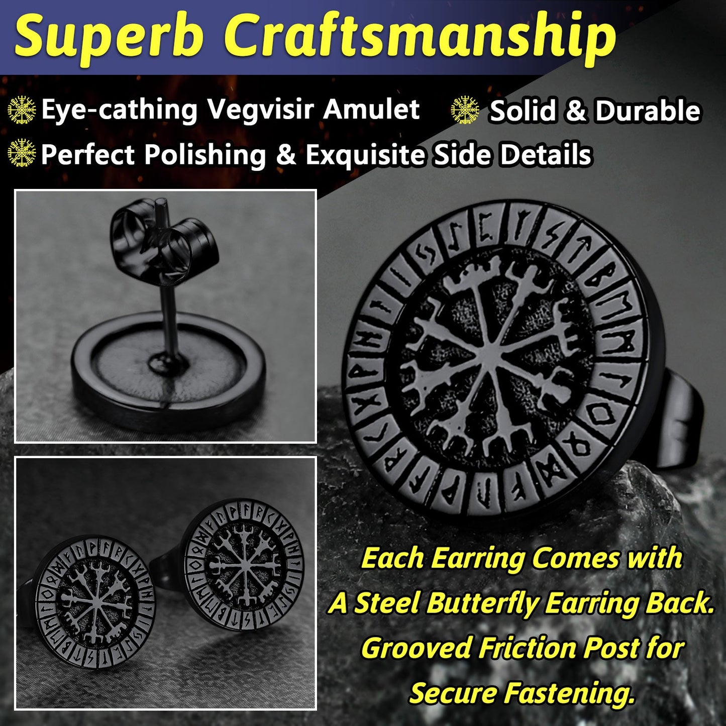 Norse Viking Compass Vegvisir Stud Earrings for