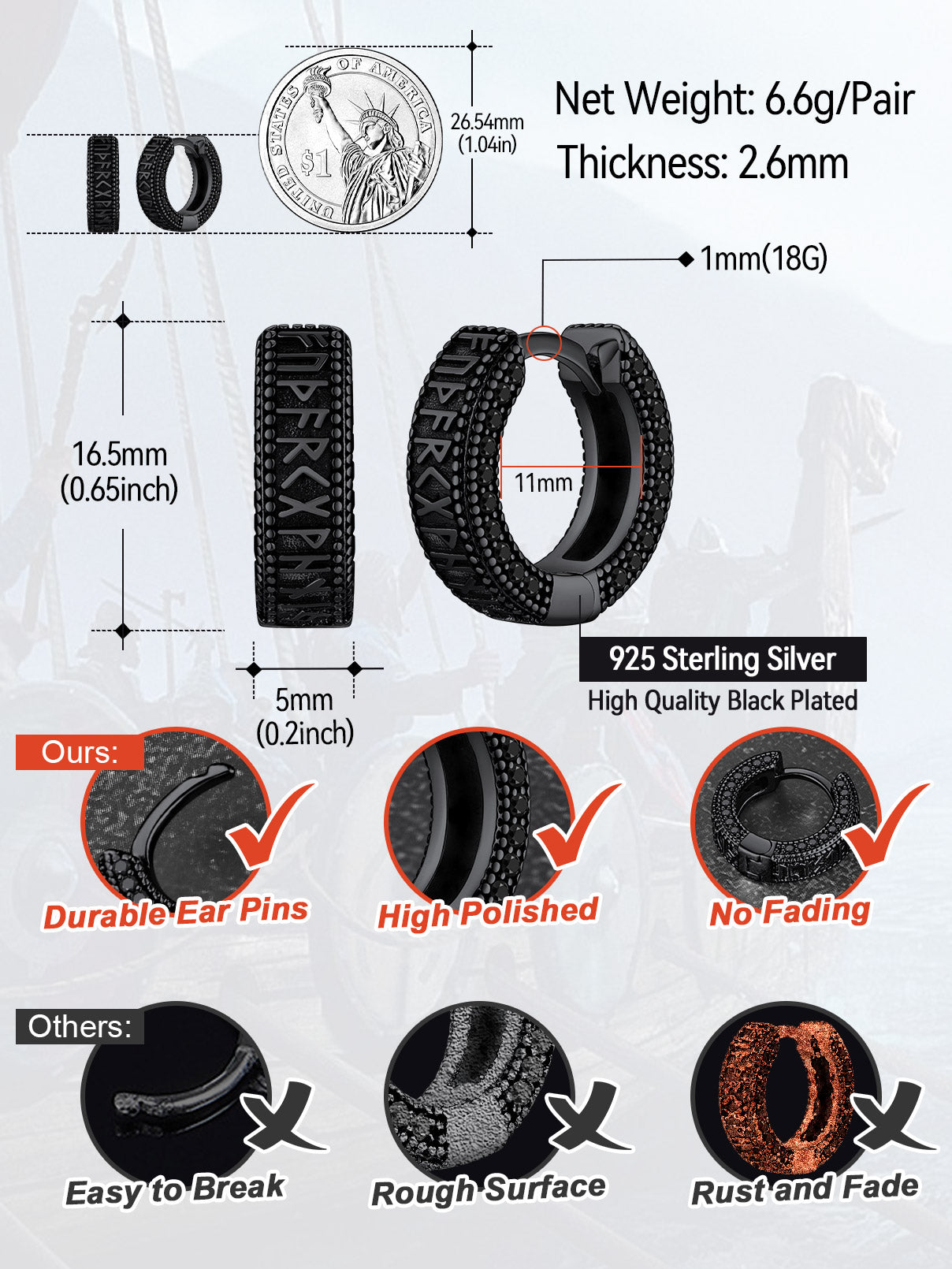 Sterling Silver Viking Runes Hoop Earrings With Black Zirconia for