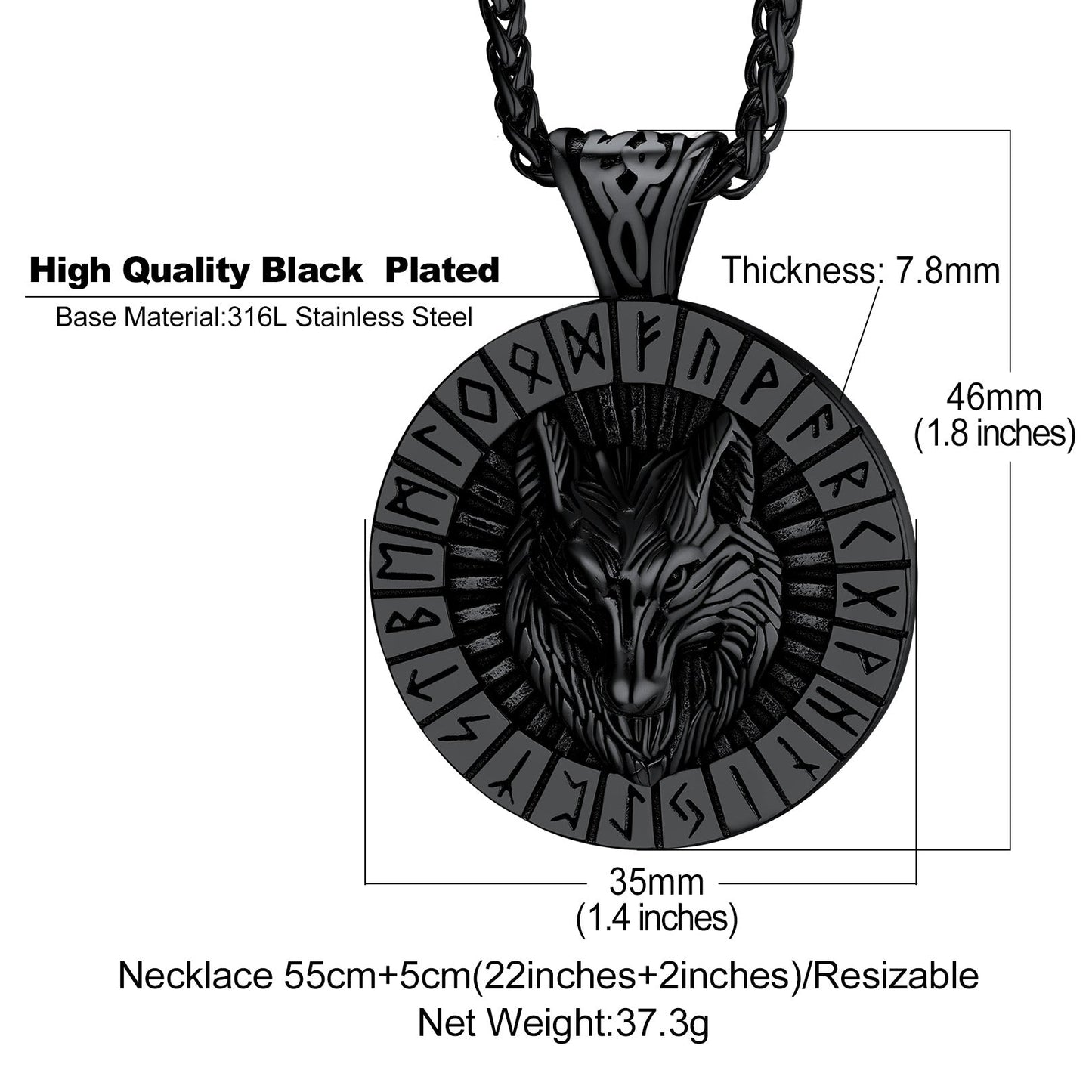 Viking Wolf Medal Necklace With Runes Jewelry for