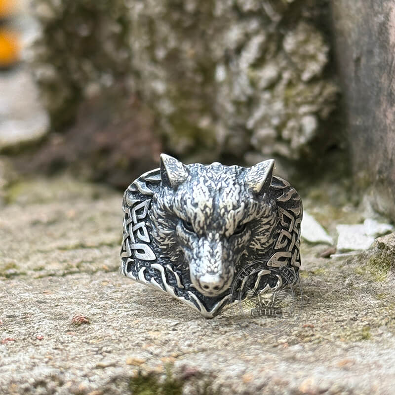 Viking Celtic Knot Wolf Head Sterling Silver Ring