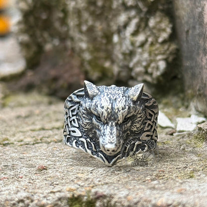 Viking Celtic Knot Wolf Head Sterling Silver Ring