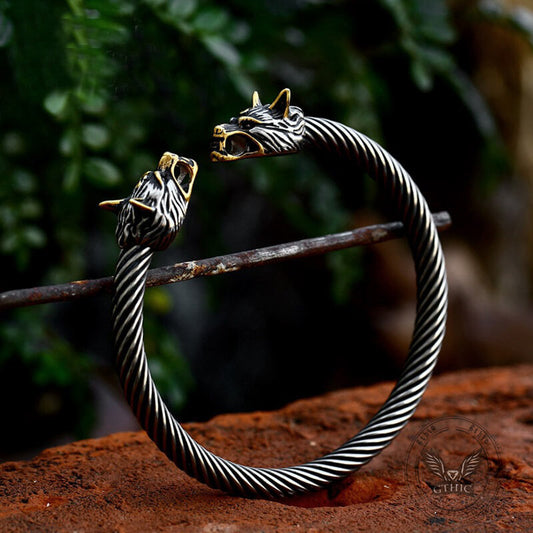 Viking Dominating Double Wolf Head Stainless Steel Open Bracelet