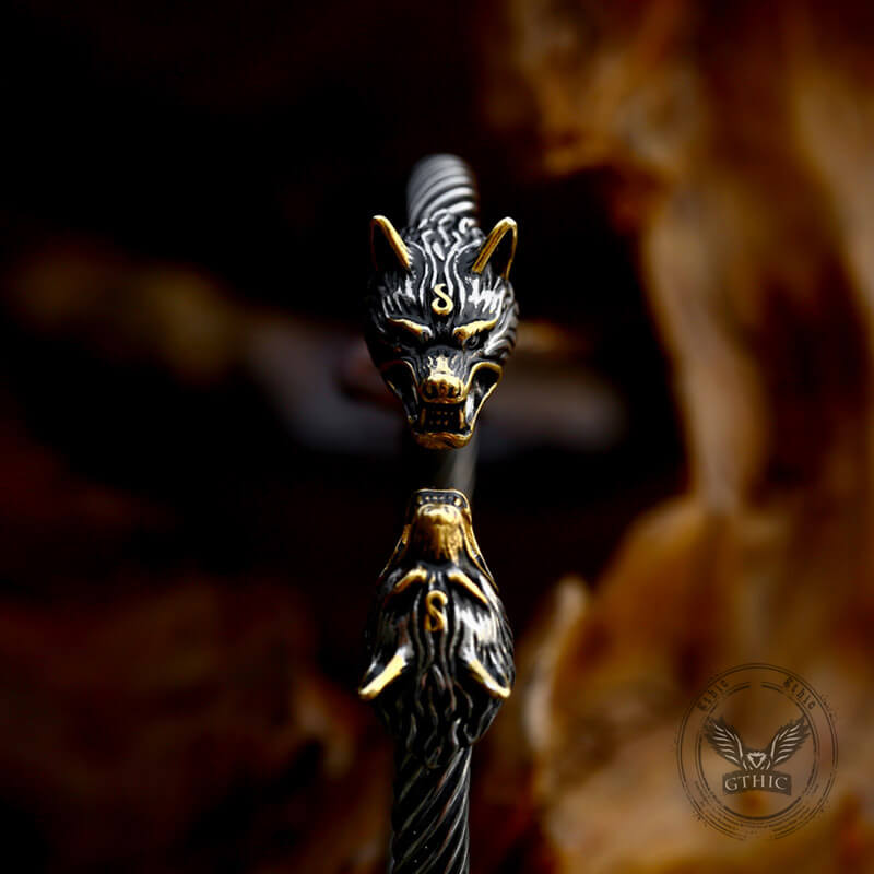 Viking Dominating Double Wolf Head Stainless Steel Open Bracelet