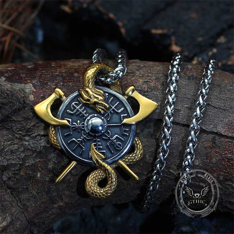 Viking Dragon Double Axe Vegvisir Stainless Steel Pendant