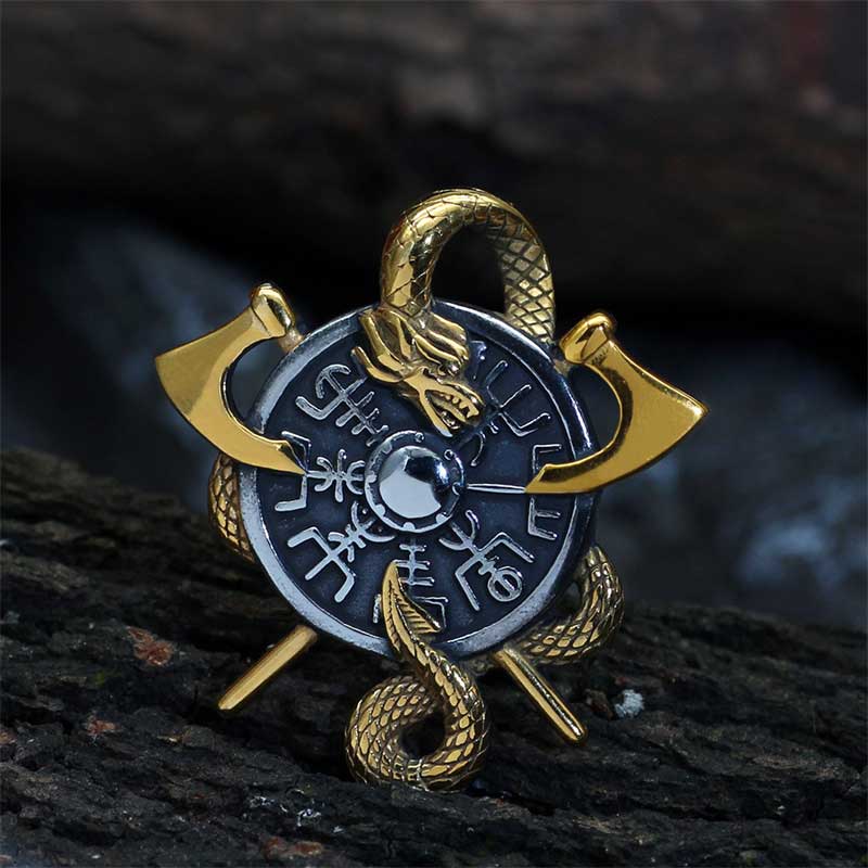 Viking Dragon Double Axe Vegvisir Stainless Steel Pendant