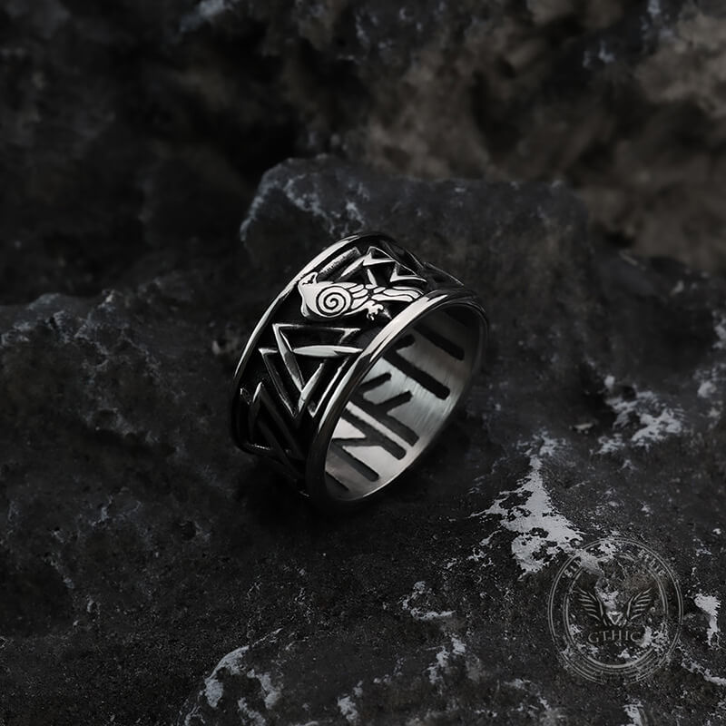 Viking Raven Valknut Rune Stainless Steel Ring