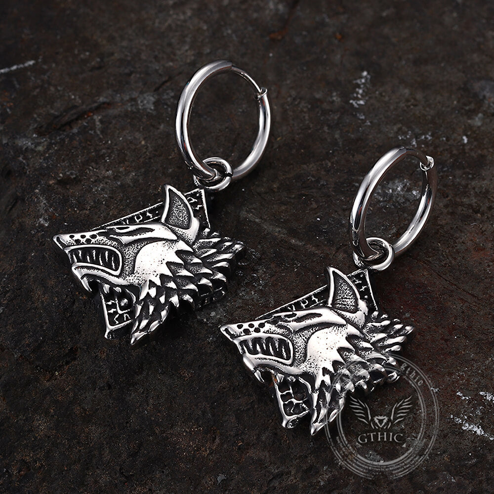 Viking Rune Wolf Head Stainless Steel Earrings
