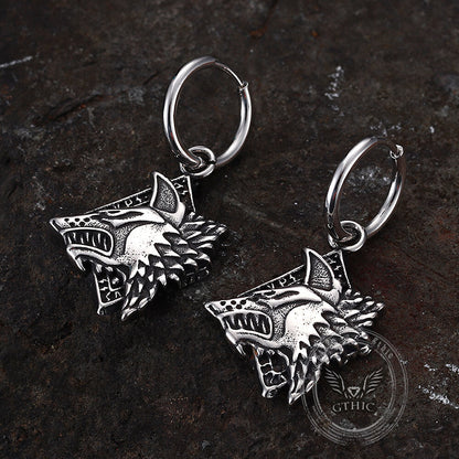 Viking Rune Wolf Head Stainless Steel Earrings