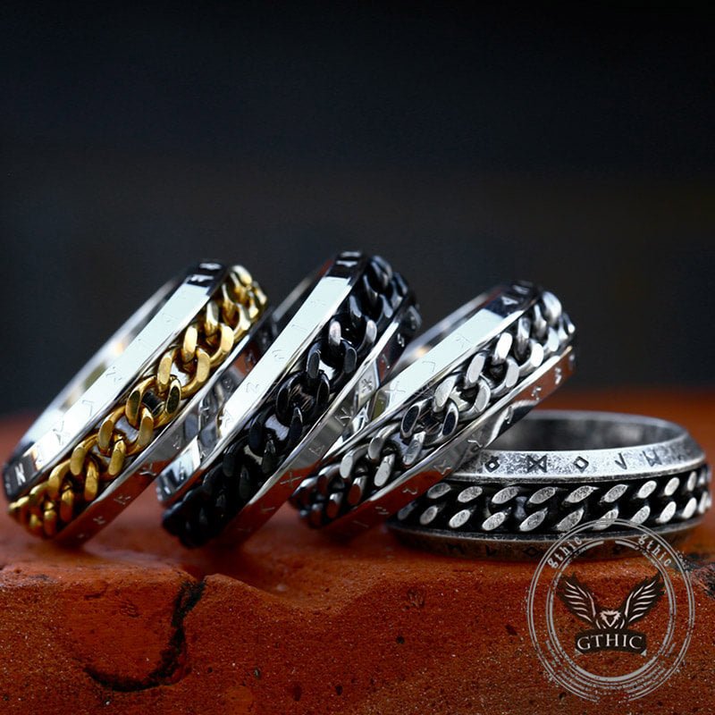 Viking Runes Chain Nordic Spinner Stainless Steel Ring