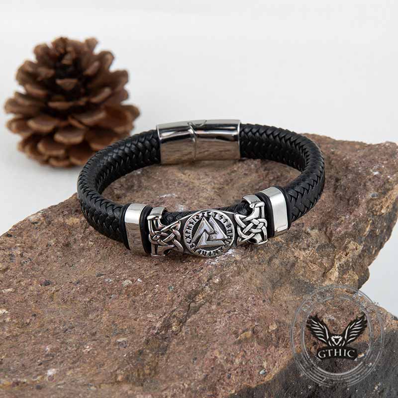 Viking Runes Valknut Stainless Steel Leather Bracelet