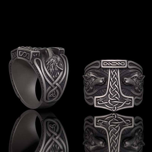 Viking Thor's Hammer Double Wolves Sterling Silver Ring