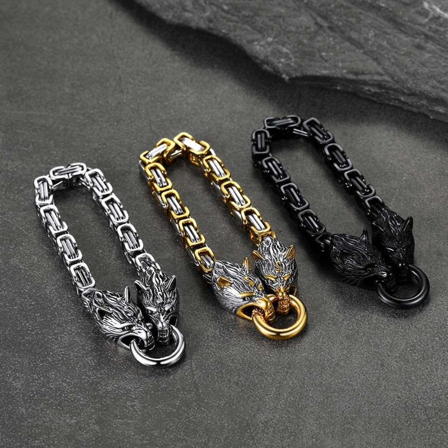 Viking Wolf Head Chain Bracelet Cuff Bangle Gift for