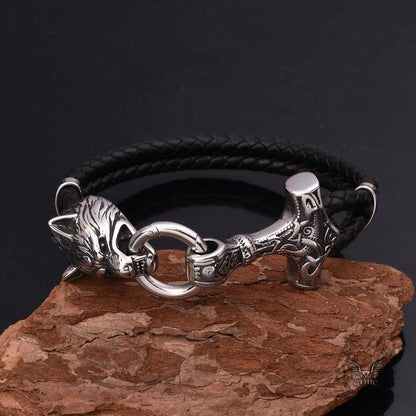 Viking Wolf Head Stainless Steel Leather Bracelet
