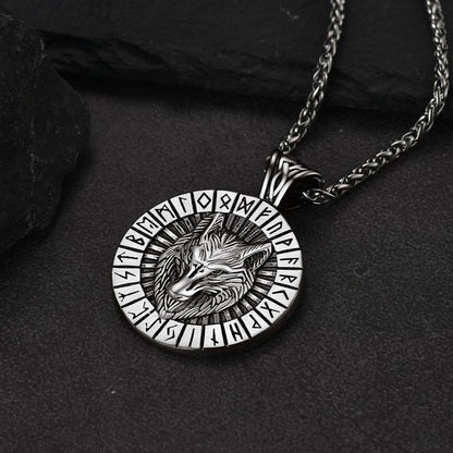 Viking Wolf Medal Necklace With Runes Jewelry for