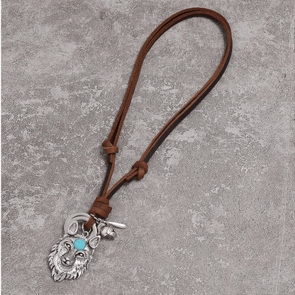 Adjustable Brown Necklace of 100% Genuine Leather / Punk Pendant in Form Wolf Head