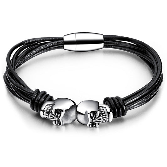 Black Double Skull Bracelets for and / Stainless Steel Bangle Jewelry